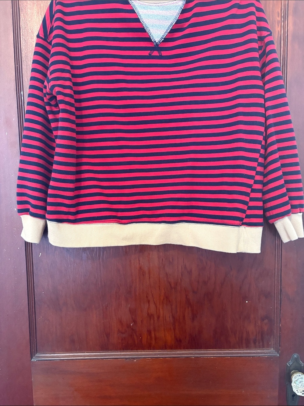 Women’s Red and Navy Striped Crewneck Sweatshirt with Khaki Trim - Picture 4 of 7